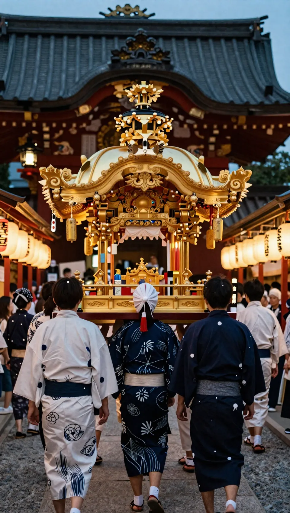 夕暮れの祭りで、金の神輿をかついで進む人々