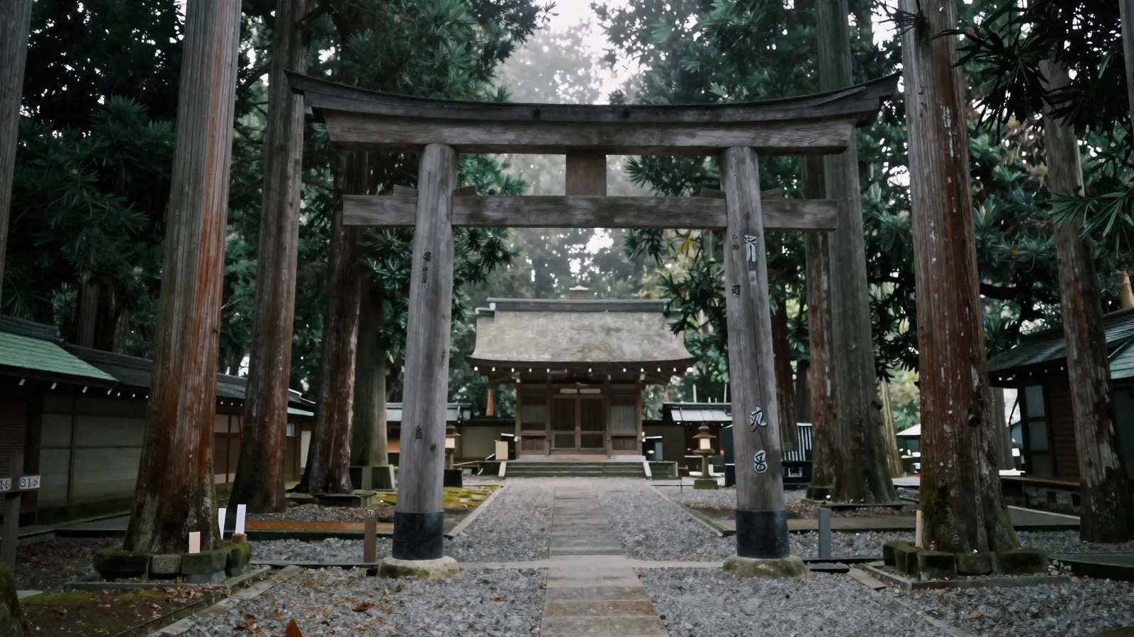 朝霧の杉木立に立つ木の鳥居